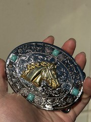 Western Horse Head Buckle Men Unisex Turquoise Silver Chrome Engraved Fit 2 »