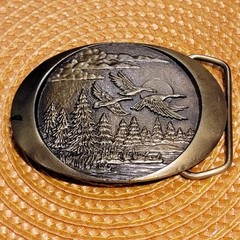 VTG 1982 Indiana Metal Craft Flying Geese Belt Buckle Brass Cowboy Nature