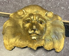 CHRISTOPHER ROSS LION HEAD 1984 GLASS EYES BUCKLE & BLACK BELT 24kt GOLD PLATED