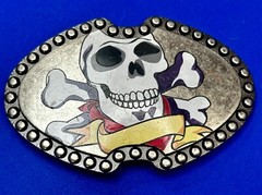 Smiling Skull Head Crossbones Ribbon Picture On Studded Unique Belt Buckle