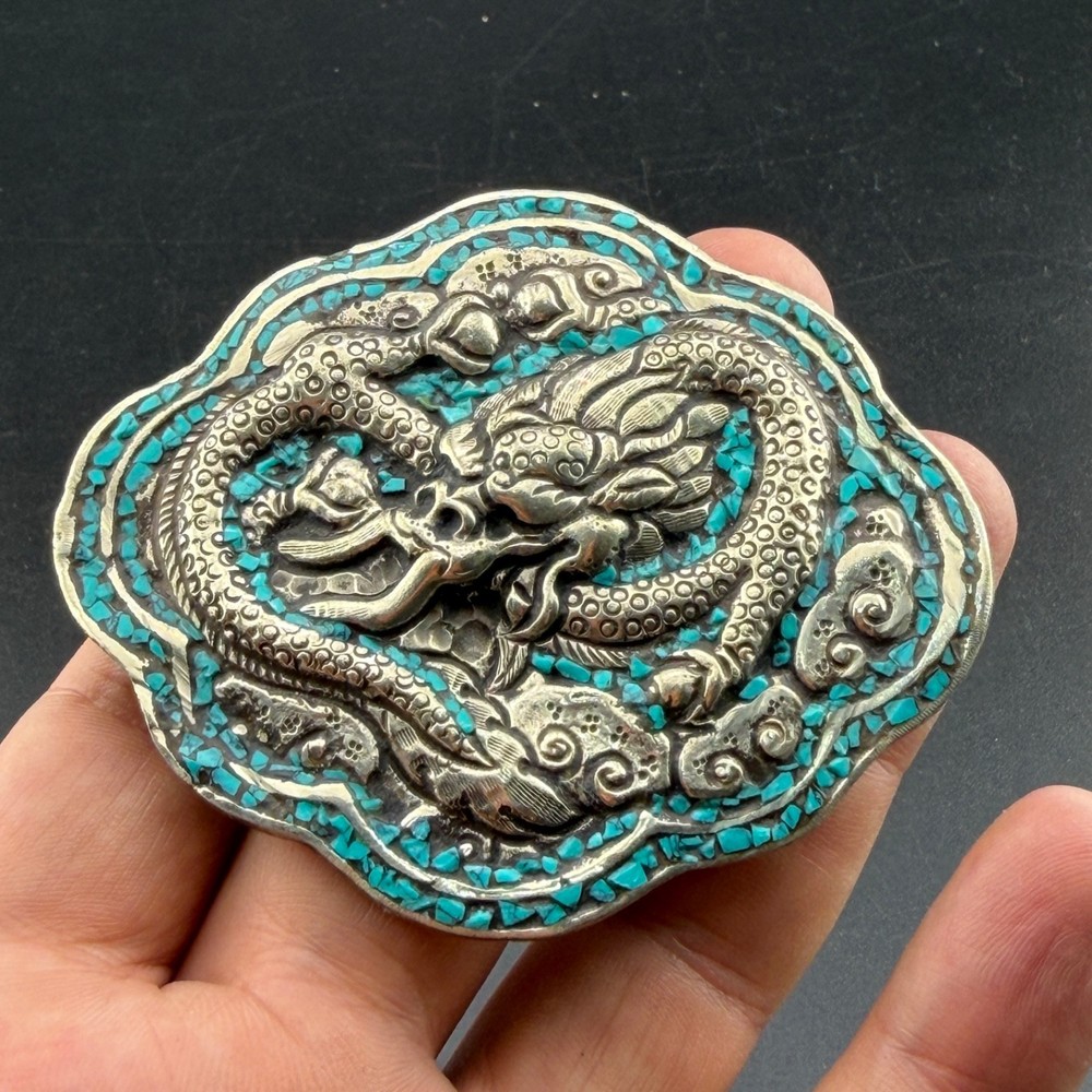 Chinese dragon shape amazing vintage silver plated brass belt buckle