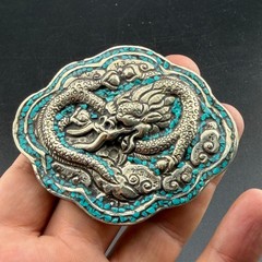 Chinese dragon shape amazing vintage silver plated brass belt buckle