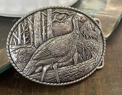 Silver Turkey Belt Buckle Engraved Hunting Scene Made in USA Western Cowboy