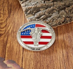 American Flag Longhorn Bull Skull Belt Buckle for Men Women, Vintage Western