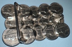 1975 US Coin Belt Buckle, Half Dollar, Nickels, Home Crafted Mid Century, 3”x2”