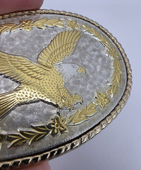Eagle Belt Buckle Oval Floral Scroll Silver Gold Tone Textured Roped Edges