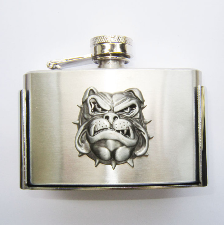 3oz. Bulldog Head Stainless Steel Flask Metal Removable Concealed Belt Buckle