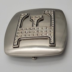 Initial E Monogram Square Belt Buckle Brushed Chrome With Rhinestones