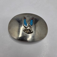Vintage Belt Buckle Eagle Turquoise Red Chip Inlay Oval Silver Tone Western G7