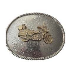Vintage Made in USA Motorcycle Belt Buckle Silver Gold Tone Floral Western Oval