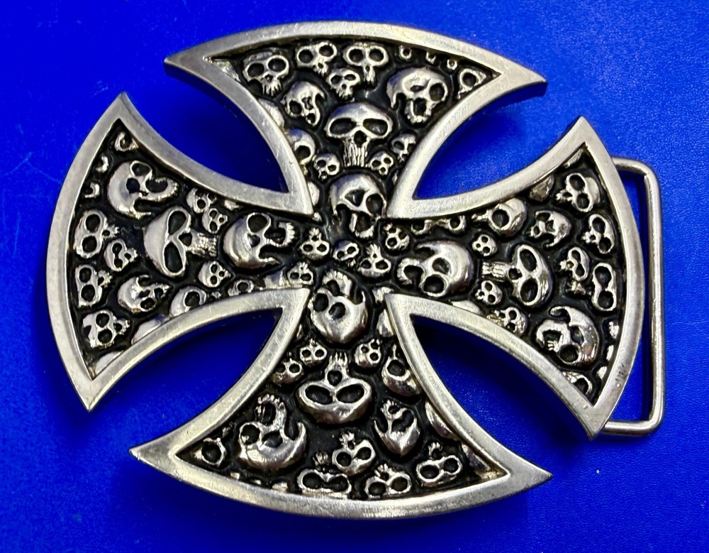 Maltese Iron Cross Studded Skull Design Gothic Punk Vibe Cutout Belt Buckle