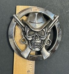 Western Cowboy Skull Head Pistol Guns Metal Belt Buckle By Silver Star 3.25”