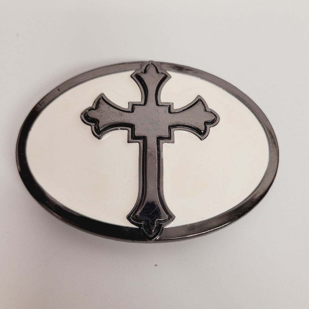 Gothic Cross Metal Belt Buckle Oval Black & White Men&rsquo;s Accessory 3&Prime; x 2&Prime;