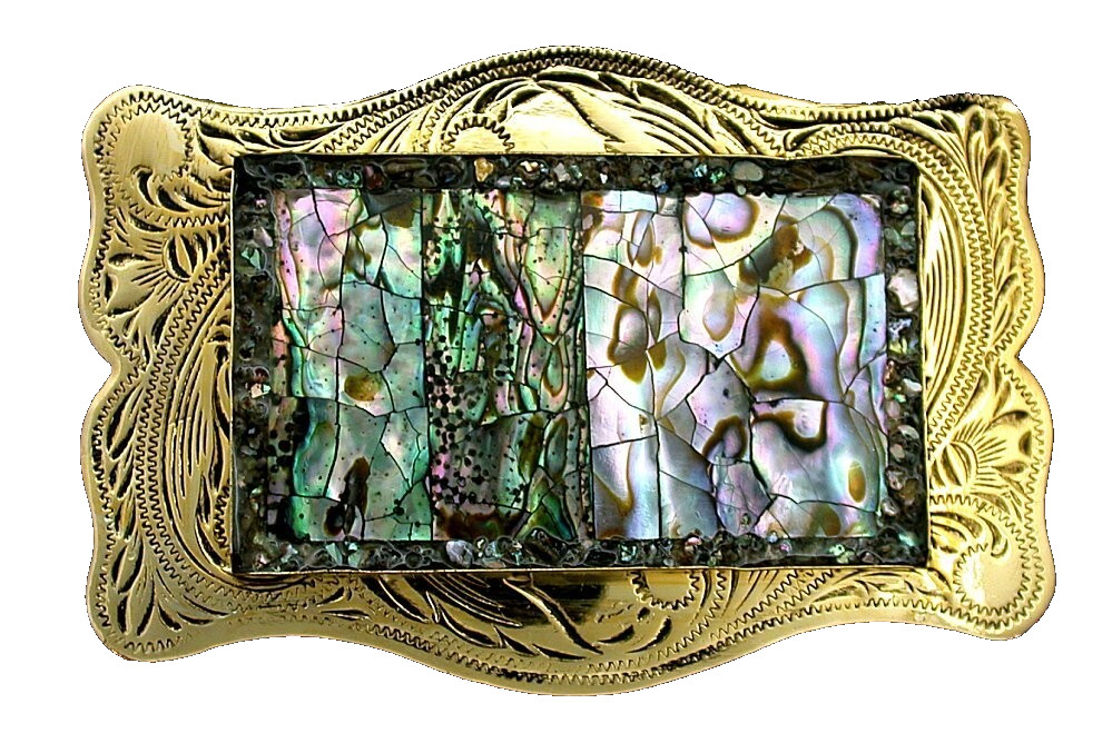 Rectangle Handmade Abalone Goldplated Engraved Western Belt Buckle EPBB202/5925