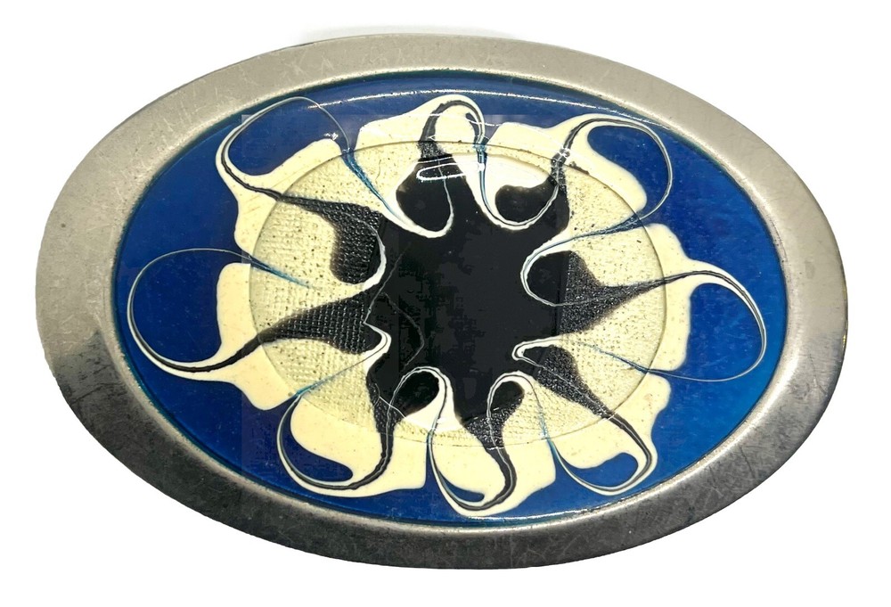 Blue Cream & Flower on Red Enamel Metal Belt Buckle Handmade