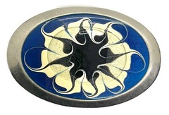 Blue Cream & Flower on Red Enamel Metal Belt Buckle Handmade