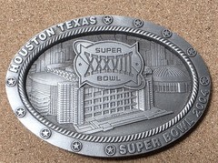Super Bowel 2004 Houston Texas Pewter 2 1/2&Prime; X 3 1/2&Prime; Oval Belt Buckle