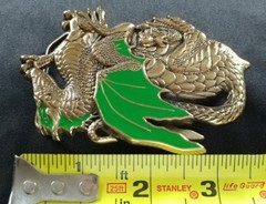 GREEN WINGED DRAGON WITH BABY DRAGONS SOLID BRASS BELT BUCKLE 1982 BARON BUCKLES