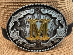 Antiqued Silver Gold Initial M Oval Western Cowboy Floral Vine Belt Buckle