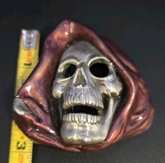 VINTAGE Great American Products Pewter Belt Buckle – 3D Hooded Skull REAPER