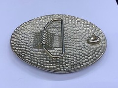 Egyptian Revival Turquoise Coral Inlay Silver Tone Oval Belt Buckle Signed