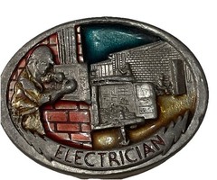 1988 C&J Vintage Electrician Pewter Enamel Belt Buckle 1054 Made USA 3.25×2.5”