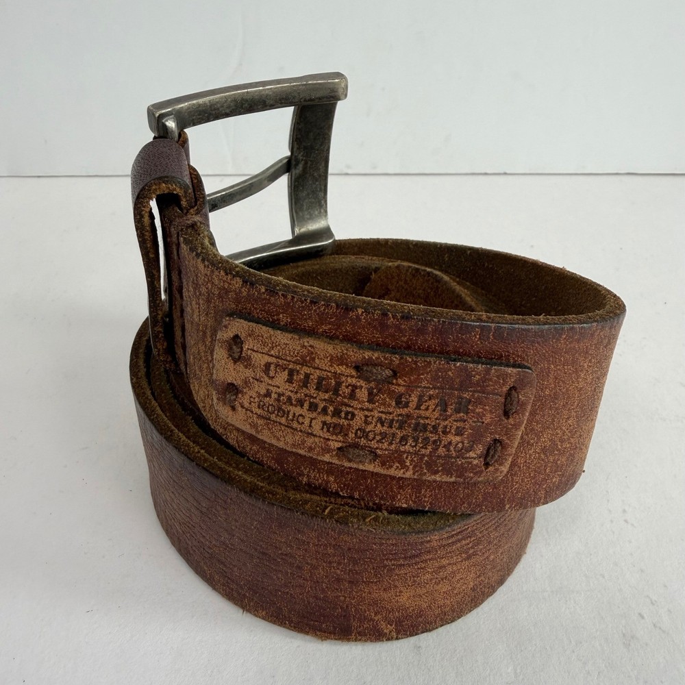 Brown Distressed Leather Belt 34 Silver Buckle Rugged Western Workwear Utility