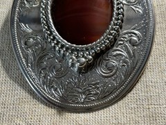 Vintage Style Western Silver Tone Belt Buckle Red Cabochon Stone Engraved Oval