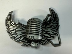 Retro Microphone Flying Mic & Wings Rock Music Silver Color Cutout Belt Buckle
