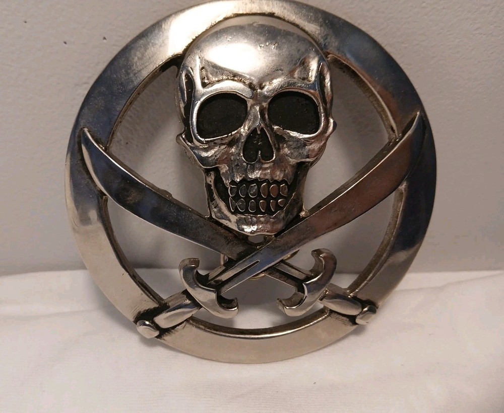 Vintage Silver Star Skull and Swords Belt Buckle Made in USA Jolly Roger Metal