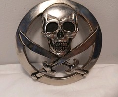 Vintage Silver Star Skull and Swords Belt Buckle Made in USA Jolly Roger Metal