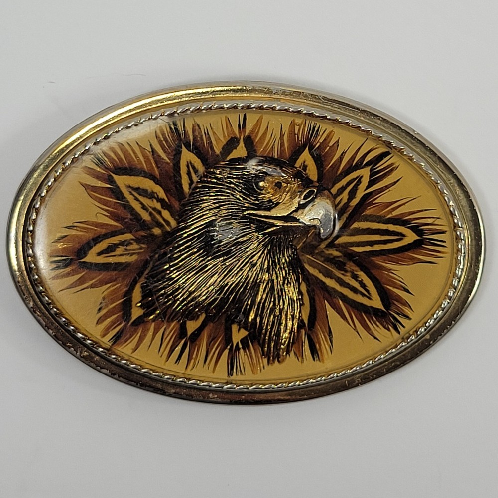 Vintage Western Belt Buckle American Eagle Real Enameled Feathers Made in USA
