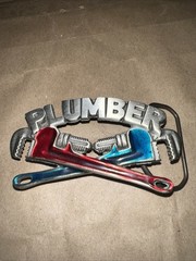 Plumber Metal Belt Buckle Red Blue Antique Finish Vintage Occupational 1967