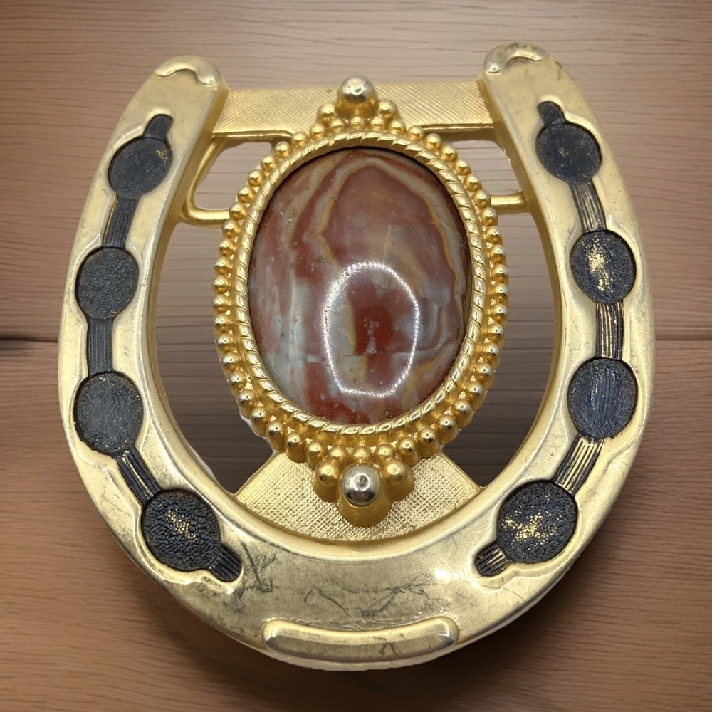 Western Horseshoe Belt Buckle Agate Cabachon Gold Tone Unisex 2.5×3.25” Luck SEE