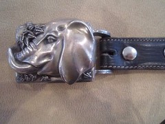 KIESELSTEIN-CORD ELEPHANT BELT BUCKLE W/BLACK LEATHER/BEIGE BELT SIZE 4