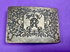Letter EXP Monogram Scroll Ornate Pattern Silver Tone Rectangular Belt Buckle