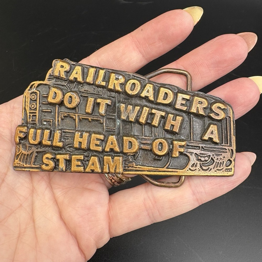 Vtg Solid Brass Locomotive Train Belt Buckle Novelty Funny Railroad Gold-tone