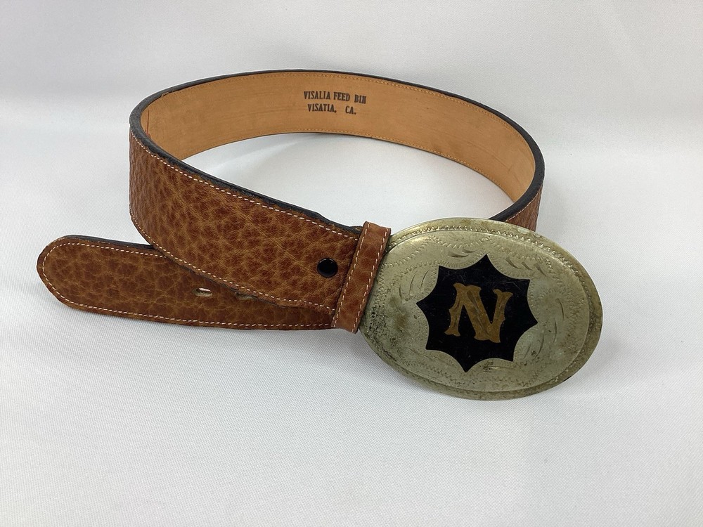 Vintage Western Belt Buckle Monogram “N” Brass Oval SIZE 30