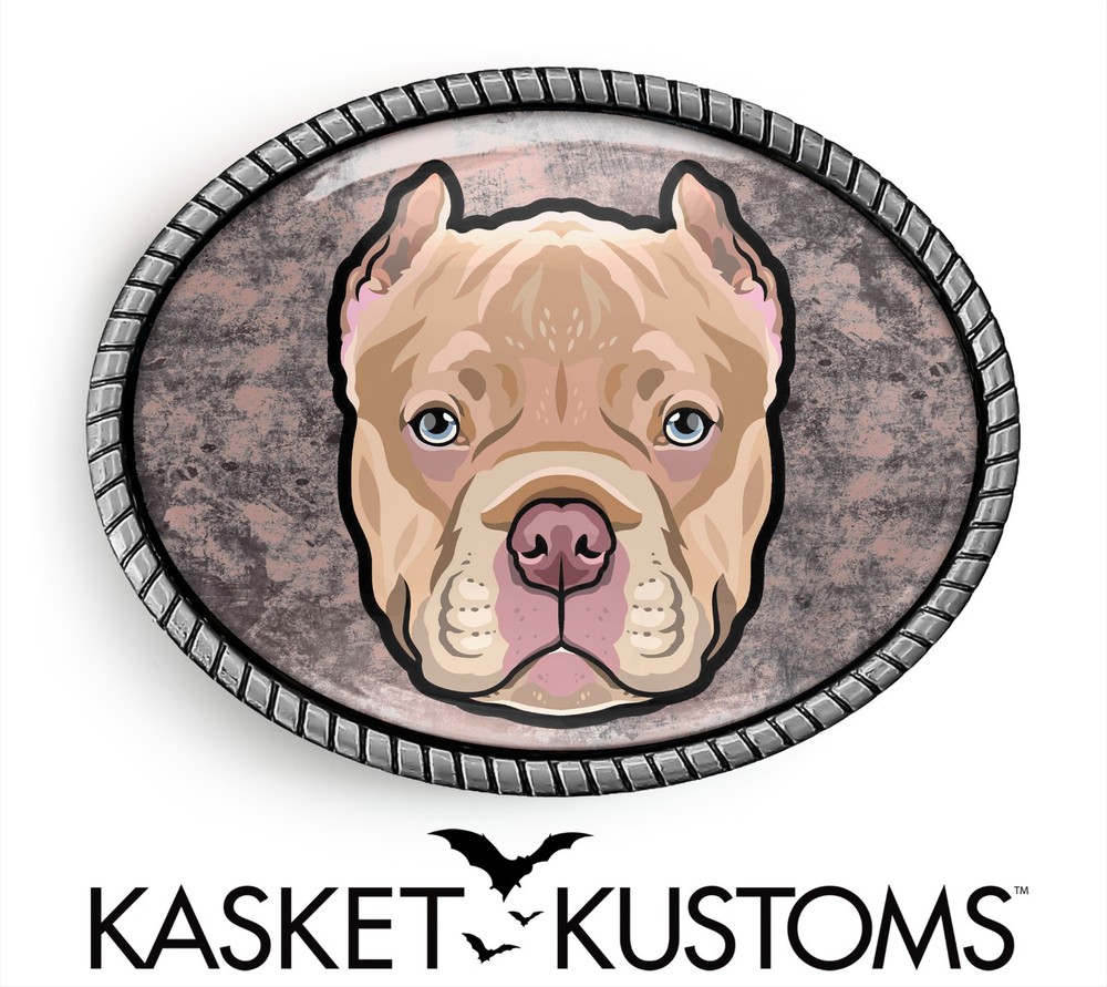Pit Bull Belt Buckle – Female Dog Handmade Artisan Buckle, Silver or Gold Oval