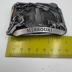 Vintage Missouri State Belt Buckle Pioneer Log Cabin Fiddle Banjo Pewter Tone