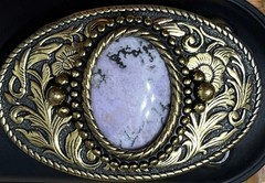 Vtg Cowgirl Belt Buckle Pink Gemstone Brass Floral WESTERN-core Made In USA/READ