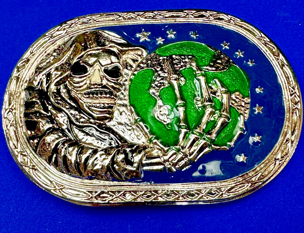 Skull Face Holding The Earth Grim Reaper Silver Green Gothic Biker Belt Buckle