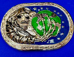 Skull Face Holding The Earth Grim Reaper Silver Green Gothic Biker Belt Buckle
