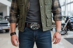 Men Western Oval Buckle Silver Metal Revolver Pistol Gun Feather Bull Turquoise
