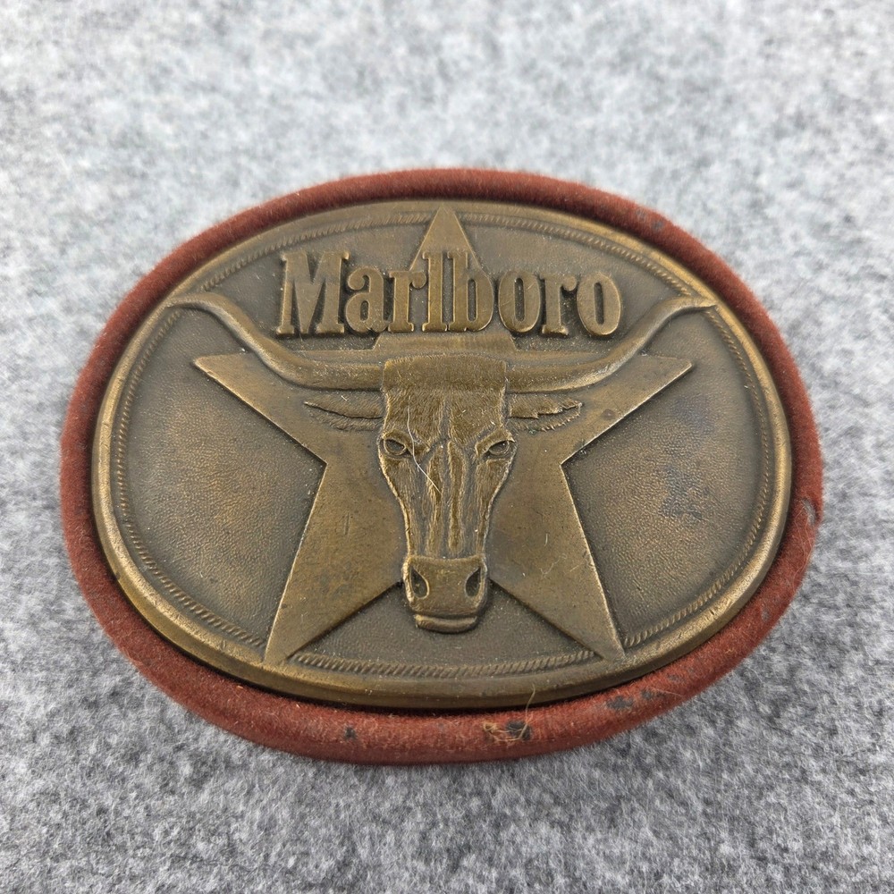 Vintage 1987 Marlboro Solid Brass Belt Buckle Longhorn Steer Star Western Mens