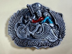 Ride With The Wind Wings Skull Flag Motorcycle Bikers Riders Cutout Belt Buckle