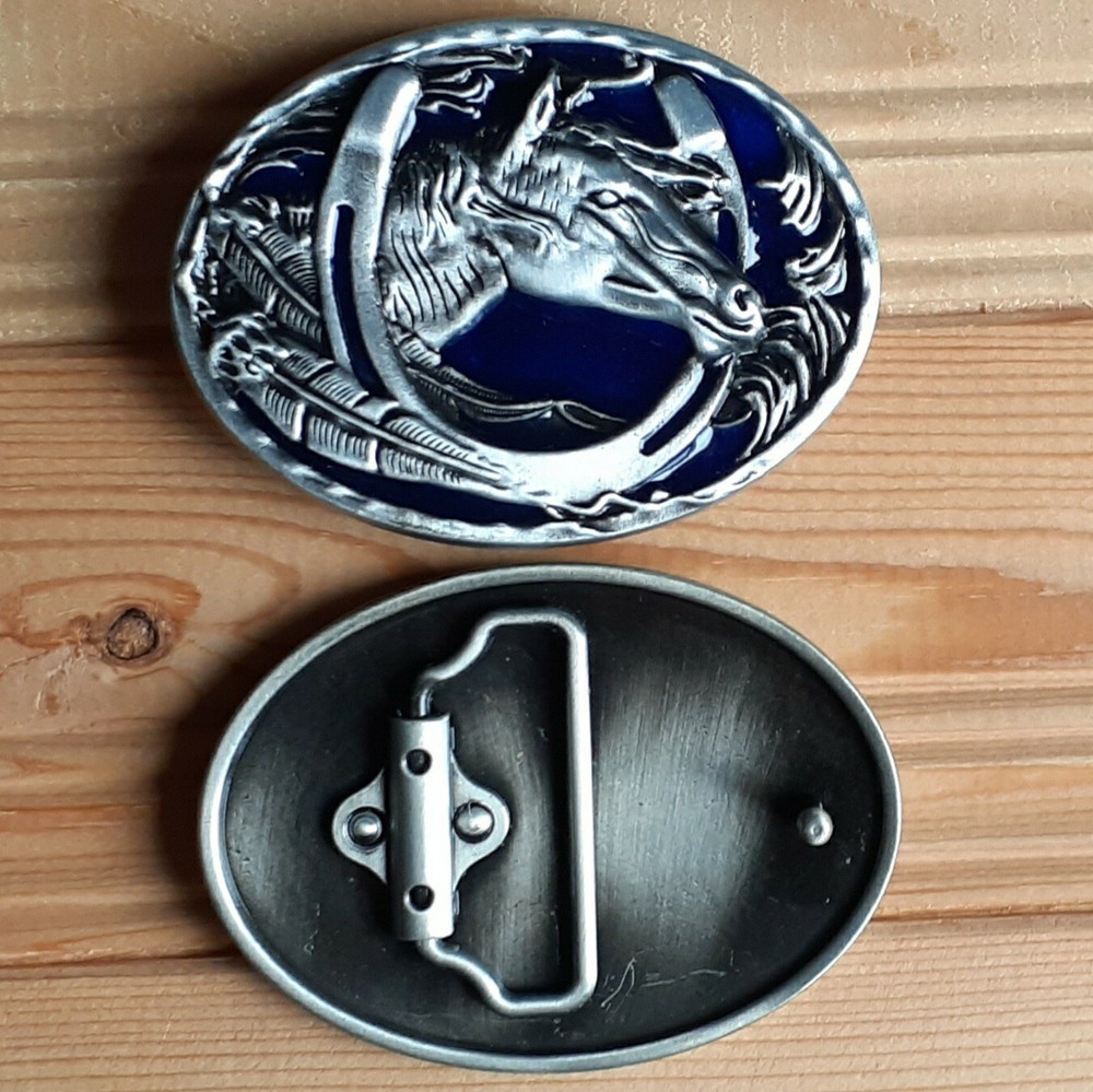 Horse iron feathers oval western belt buckle (choice colors)
