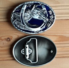 Horse iron feathers oval western belt buckle (choice colors)