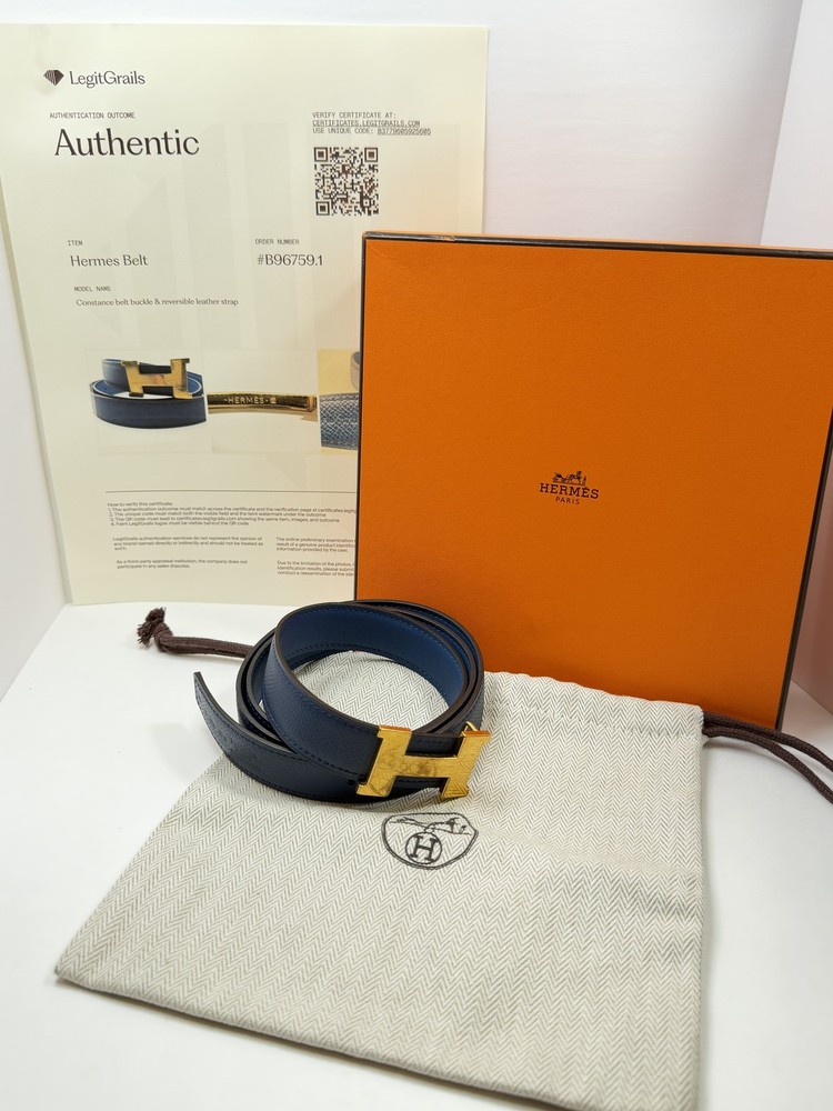 Authentic HERMES H Logo Reversible Belt Strap Blue Gold Tone Buckle Kit 85