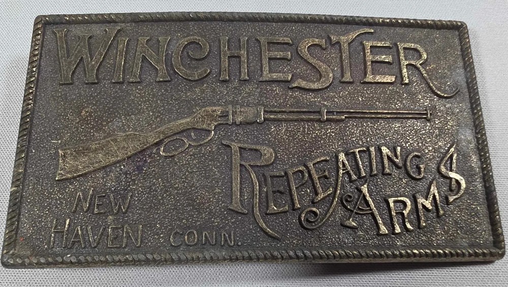 Vtg Brass Belt Buckle Winchester Repeating Arms New Haven Conn. Rifle Guns 4”